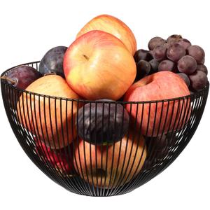 Cq acrylic Metal Wire Fruit Basket,Large Round Storage Baskets for Bread,Metal Wire Bread Fruit Bowl Vegetable Stand Holder for Snacks,Modern Fruit Bowl Decorate Kitchen Counter,Black