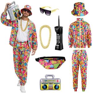 PWQMGY Retro 80s 90s Outfit for Men - 8-Piece Vintage 80s Halloween Costumes for Men-Tracksuit Set with Hip-Hop Accessories (Red, L)