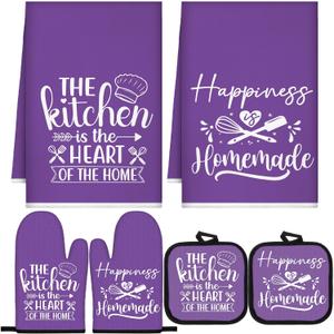 Sratte 6 Pcs Kitchen Decor Accessories Set Farmhouse Towels Pot Holders Oven Mitts Set 2 Dish Towels 2 Potholders 2 Cooking Mittens Oven Glove for Christmas Baking Cooking (Purple,Kitchen)