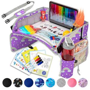 PILLANI Kids Travel Tray for Car - Car Seat Tray for Kids Travel, Road Trip Essentials Must Haves - Carseat Table Roadtrip Activities - Toddler Lap Desk Organizer for Airplane - Kids Travel Essentials (Rainbow)
