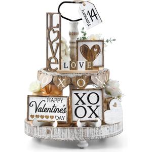 Jetec Jetec 12 Pcs Valentine's Day Tiered Tray Decor Set Neutral Heart Wooden Sign Vintage Rustic Farmhouse Decor Love Tiered Tray Decorative Signs for Valentine's Day Table Holiday