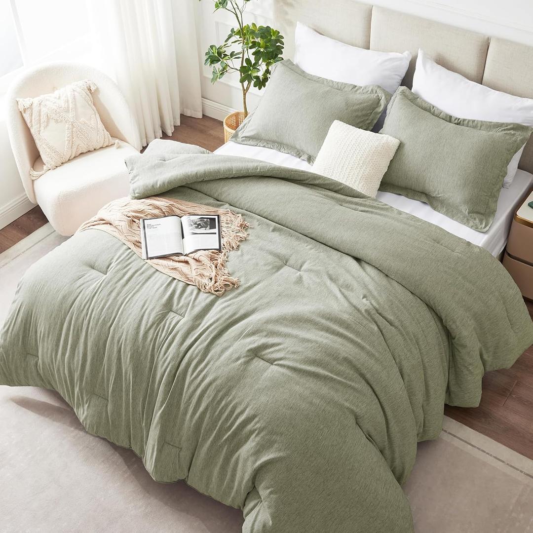 CozyLux Queen Size Comforter Set - 3 Pieces Olive Green Soft Luxury Cationic Dyeing Bedding Comforter for All Season, Breathable Lightweight Fluffy Boho Bed Sets with 1 Comforter and 2 Pillow Shams