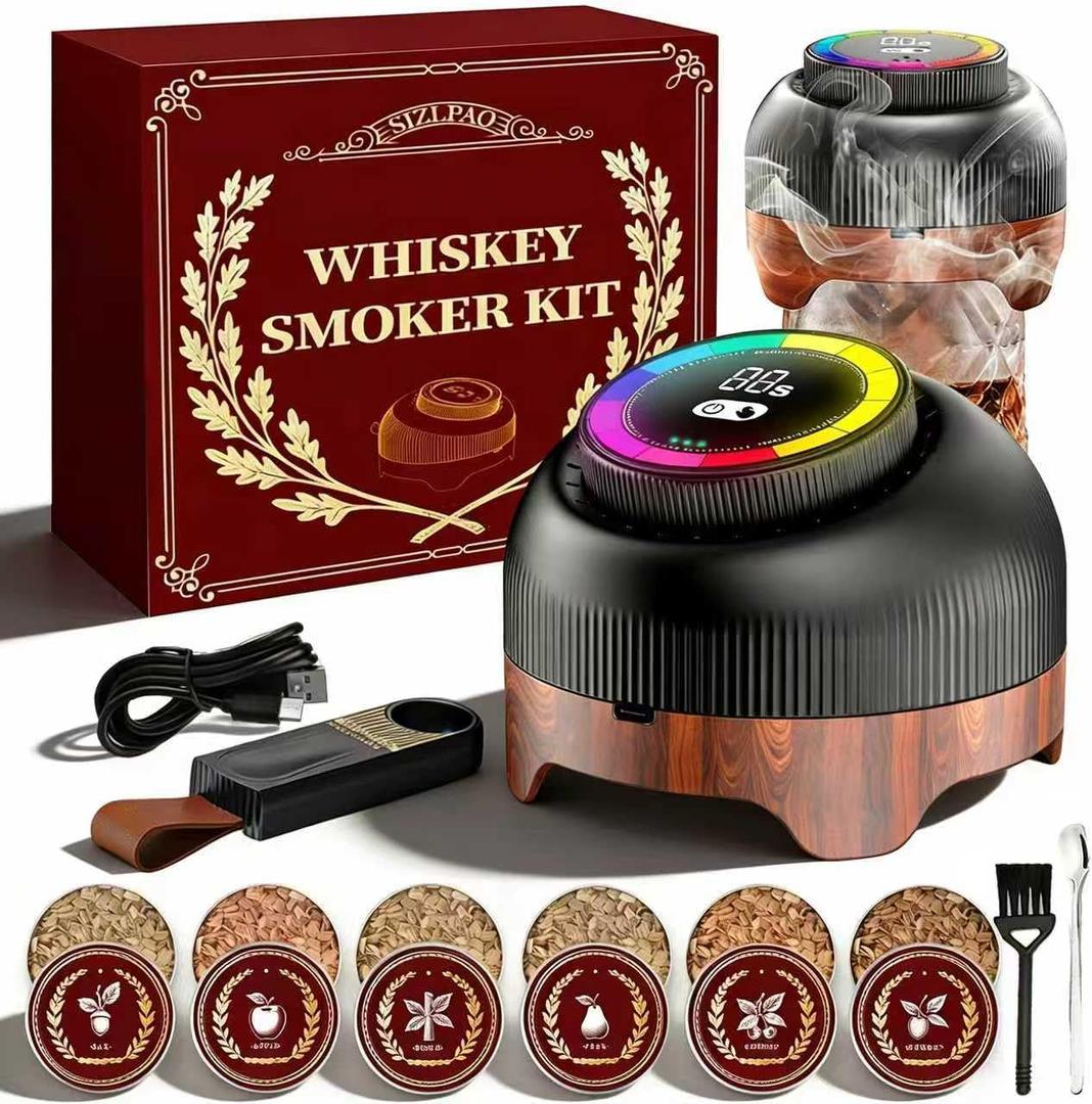 Electric Whiskey Smoker Kit with Adjustable 60-Second Smoke Control Flame-Free & No Butane Needed, Rechargeable Cocktail Smoker for Old Fashioned, Includes 6 Wood Chip Flavors, Bourbon Gift for Men
