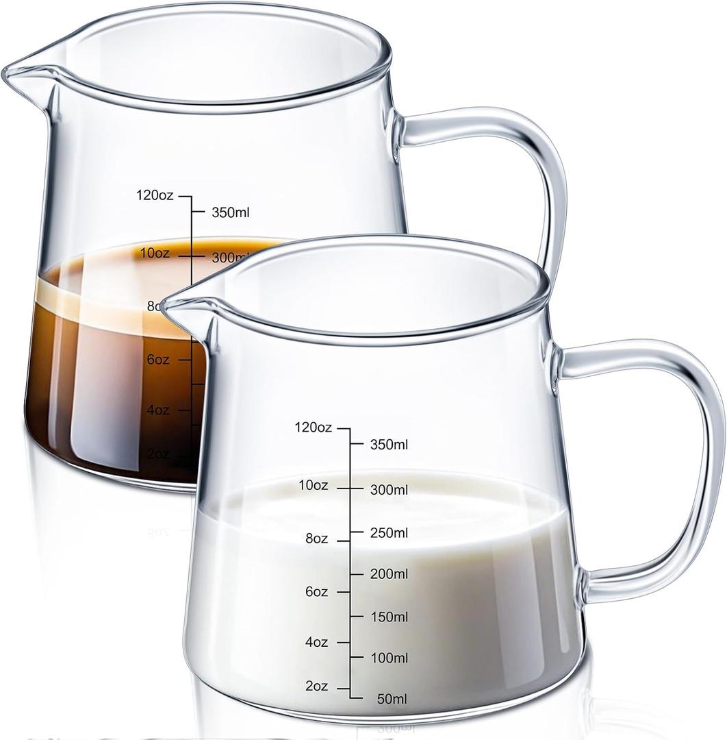 Honeydak 2 Pack 12oz Coffee Measuring Glass Cups Espresso Pitcher Heat Resistant Glass Coffee Measuring Cup Milk Frothing Pitcher Espresso Shot Glasses, Creamer Container, Microwave Dishwasher Safe