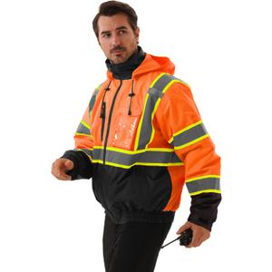 Hi Vis Safety jacket for men,Reflective high Visibility Hooded jacket,Work Bomber Jacket with Pockets and Zipper,Waterproof,ANSI Class 3 Black Bottom Tangerine,5XL