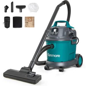 Kenmore KW3030 Wet Dry Canister 3.2 Gallon 2.5 Peak HP Vacuum Cleaner with Extension Wands Tool Storage & Wall Bracket for Garage, Car, Home, 3.2 Gallons, Green