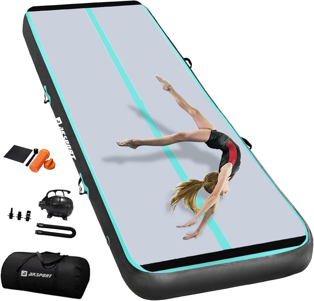 AKSPORT Gymnastics Air Mat Tumble Track Tumbling Mat Inflatable Floor Mats with Air Pump for Home Use/Tumble/Gym/Training/Cheerleading/Parkour/Beach/Park/Water
 (mint green-black, 300x150x15cm)