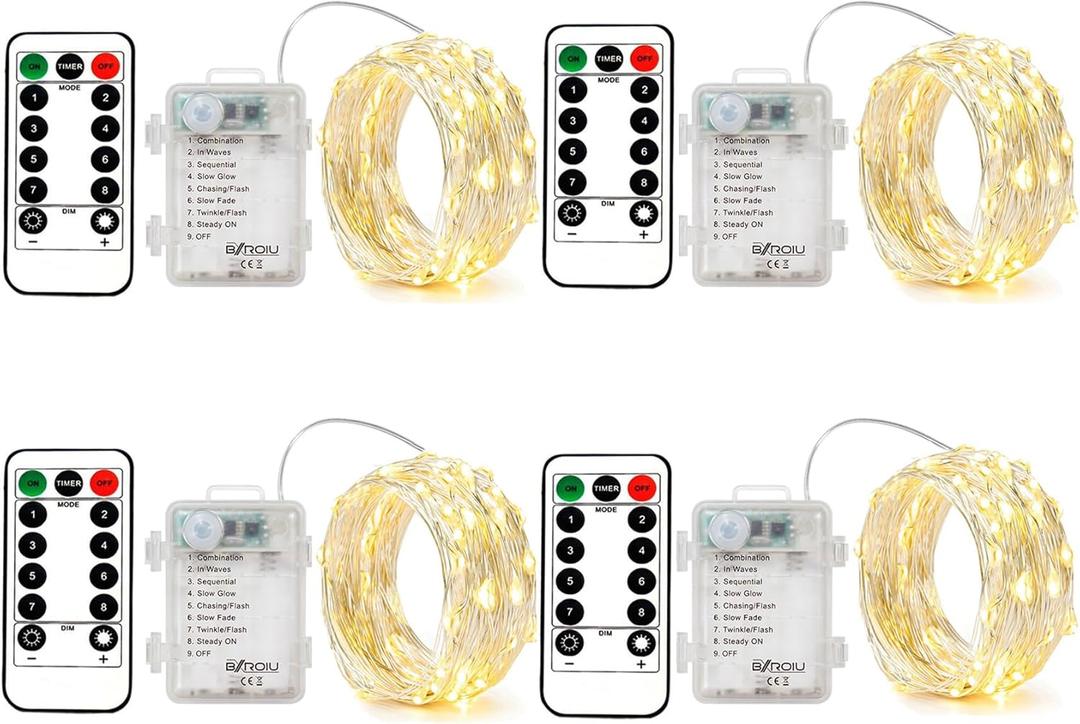 4 Pack Battery Operated Fairy String Lights, 8 Modes 5M Silver Wire with Remote & Timer - 50 LEDs Waterproof for Bedroom, Wedding, Christmas, Party Decorations (Warm White)