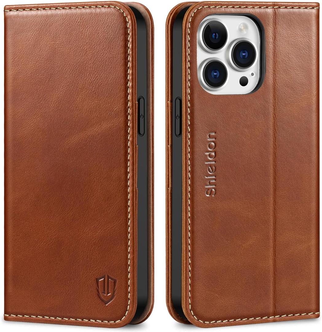 SHIELDON Case for iPhone 14 Pro Max 5G, Genuine Leather Wallet Case with Kickstand RFID Blocking Card Holder Magnetic Shockproof Compatible with iPhone 14 Pro Max 6.7" - Retro Brown