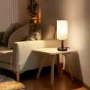 Small Table Lamp for Bedroom, Nightstand Lamp Linen Lampshade Bedroom Wood Base Small Bedside Lamp for Night Stands, Desk Lamps for Reading Living Room, Office (LED Bulb Included) (Black-Walnut Wood)