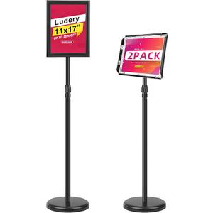 Adjustable Sign Holder Stand 11x17 inch,Pedestal Floor Signage Standing Holder with Heavy Duty Base, Aluminum Snap Open Frame Display for Business Restaurant, Mall, Schools-2 Pack (Black)