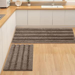 Non Slip Thick Shaggy Chenille Bathroom Rug Set of 2, Thickened Hot Melt Rubber Bottom Bath Mats for Bathroom, Bath Rugs Quick Dry Machine Washable for Shower (Taupe Brown, 47"x17" Plus 17"x24")