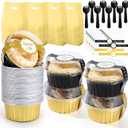 424pcs Black Gold Mini Cake Pans Set with Lids and Spoons Include 5oz Disposable Aluminum Foil Baking Pans, Lids, Spoons, Sealing Stickers and Gift Bags for Cupcake, Pudding, Muffin
