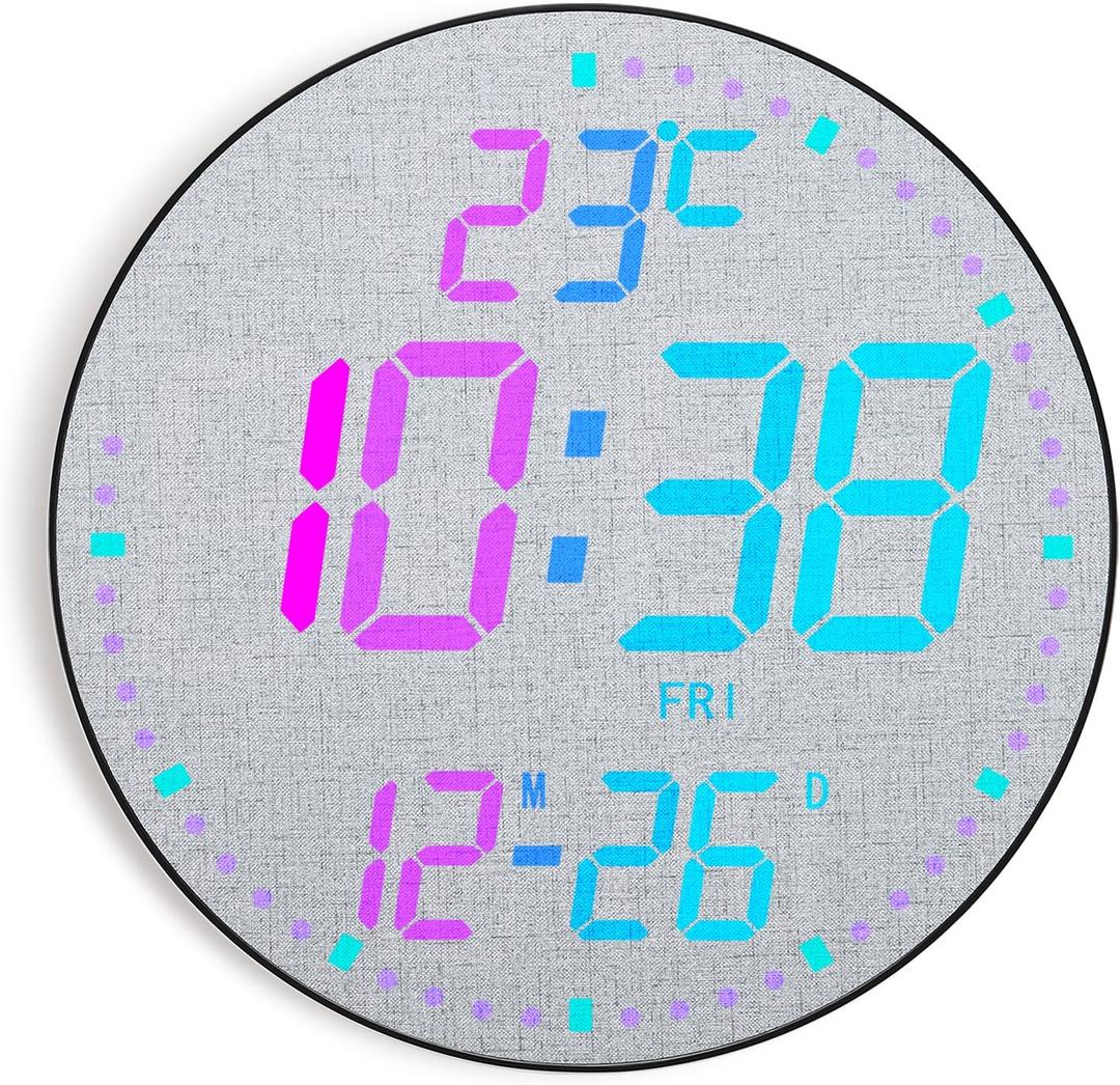 12" Large Digital Wall Mount Clock, Count Down Timer, Alarm, Big LED, 12 RGB Color, Temperature for Living Room Classroom Desk, Xmas, Birthday Gift for Senior Mom (Fabric Elements)