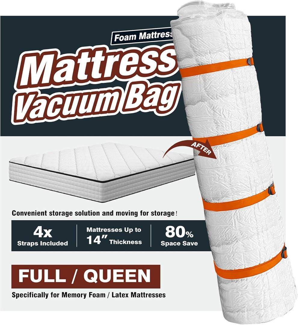 Vacuum Mattress Bag for Memory Foam and Latex with Band, Ideal for Convenient Moving, Storage and Transportation (Queen/Full) (Orange)