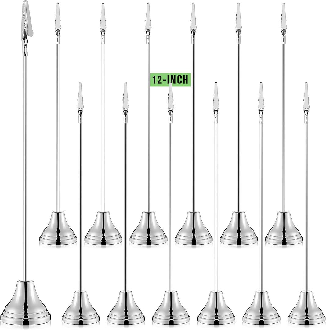 Skyygemm 12 Pcs Table Number Holders 12 Inch Place Card Holder with Alligator Clip Metal Place Card Stands Table Sign for Photos, Food Signs, Birthdays, Weddings (Silver)