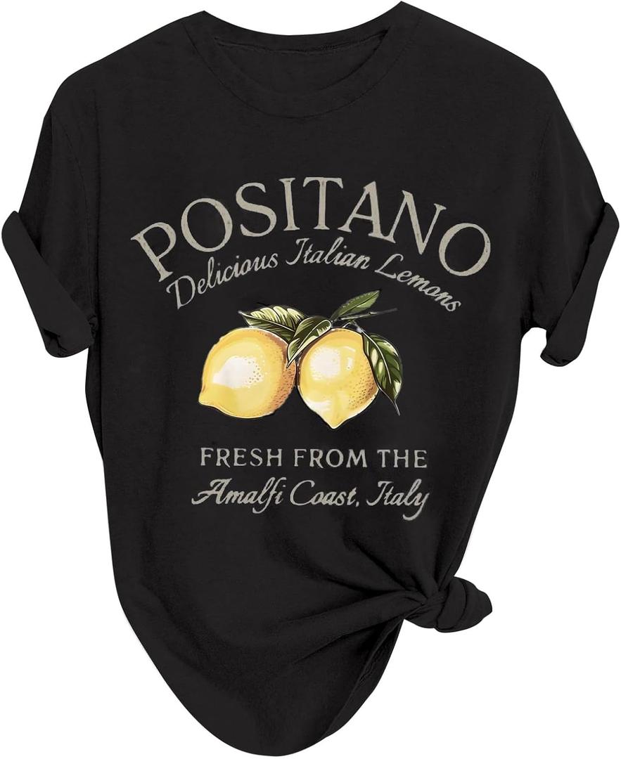 Verdusa Women's Lemon Print Summer Goth Short Sleeve Crop Top Crew Neck Graphic Tee (Black, L)