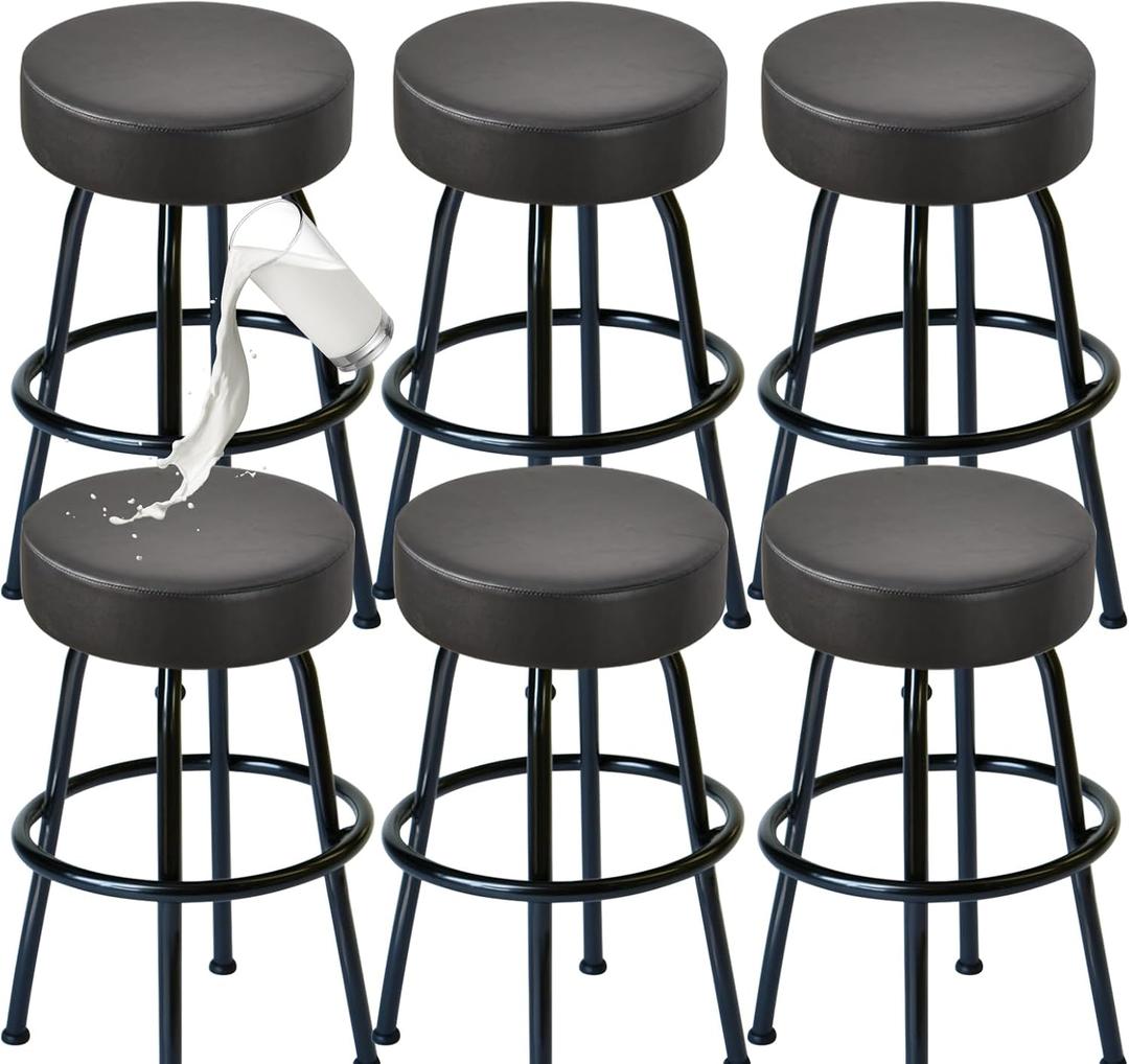 FUANGUI Bar Stool Covers Round Set of 6, Waterproof PU Bar Stool Seat Covers,Bar Stool Chair Covers Washable Stool Cushion Slipcover for 16-18 Inch - Black XL