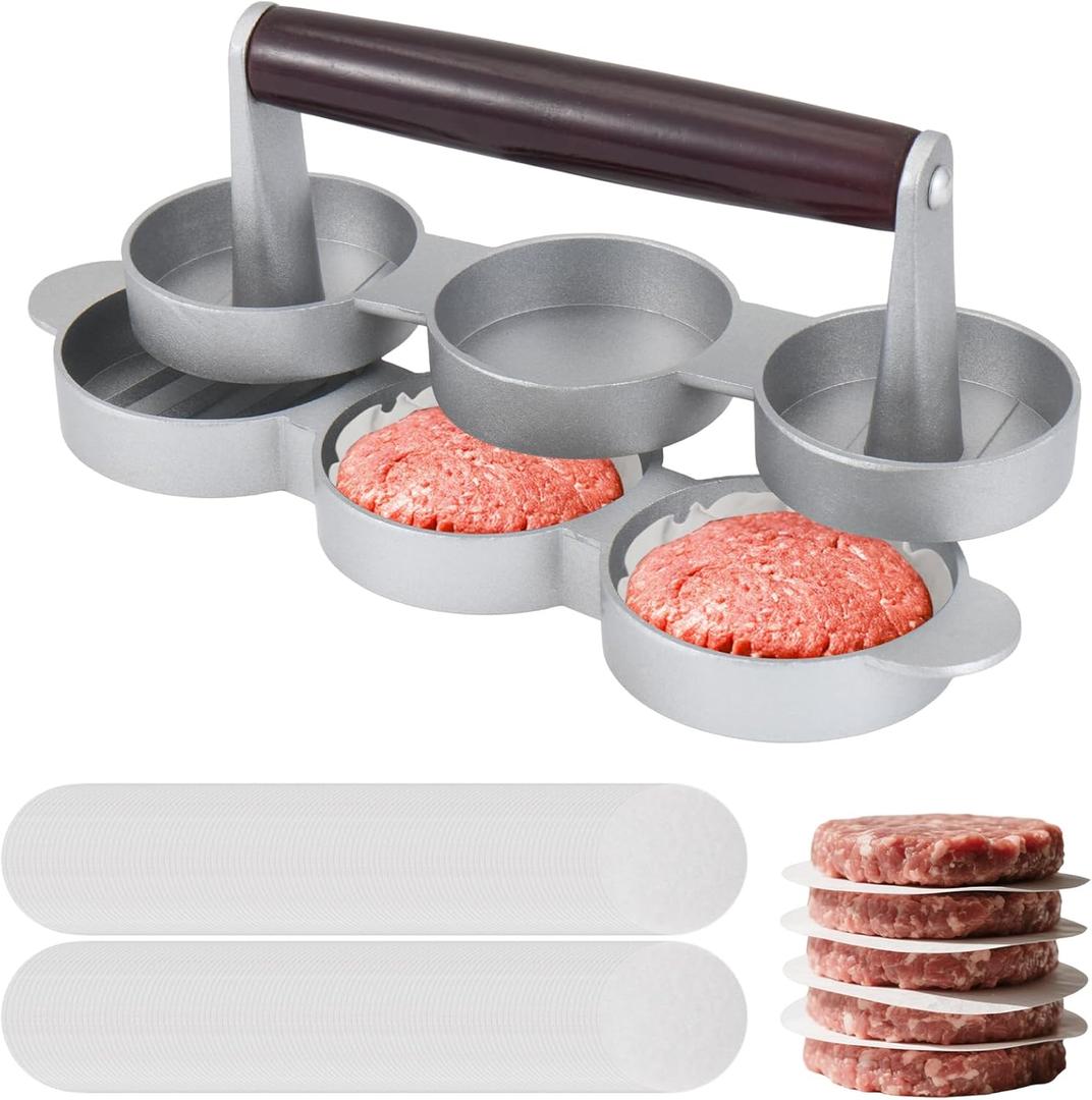 Mini Burger Press Small Meat Patty Maker with 200 Patty Papers Round Shape Press Patty Maker for Mini Hamburger, Barbecue, Picnic, Camping, Three 2.56-inch molds (3 Slots+200 Patty Papers)
