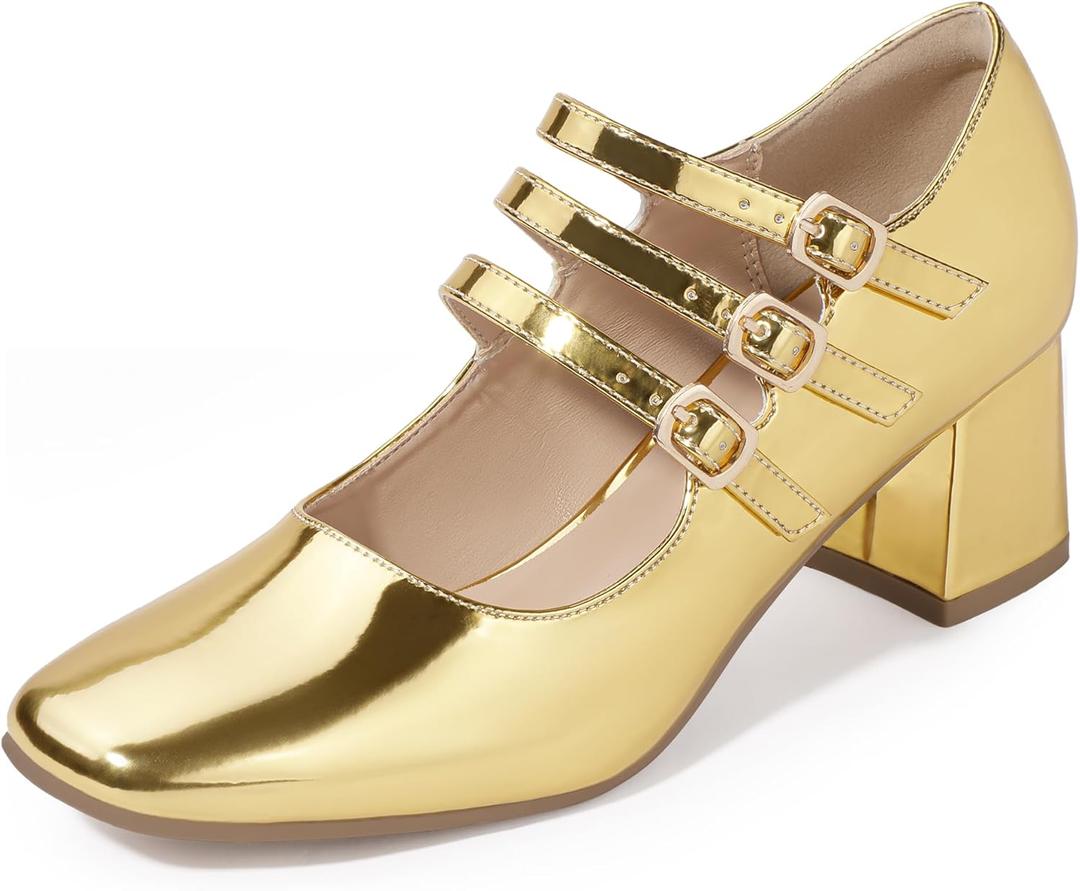 IDIFU IN2 Mary Jane Shoes Women's Pumps Dress Shoes for Women Block Chunky Low Short Square Closed Toe Thick Heels Wedding Work Prom Bride Lady Flight Attendant Comfortable Cute Vintage Pumps Shoes (5, Gold Patent)