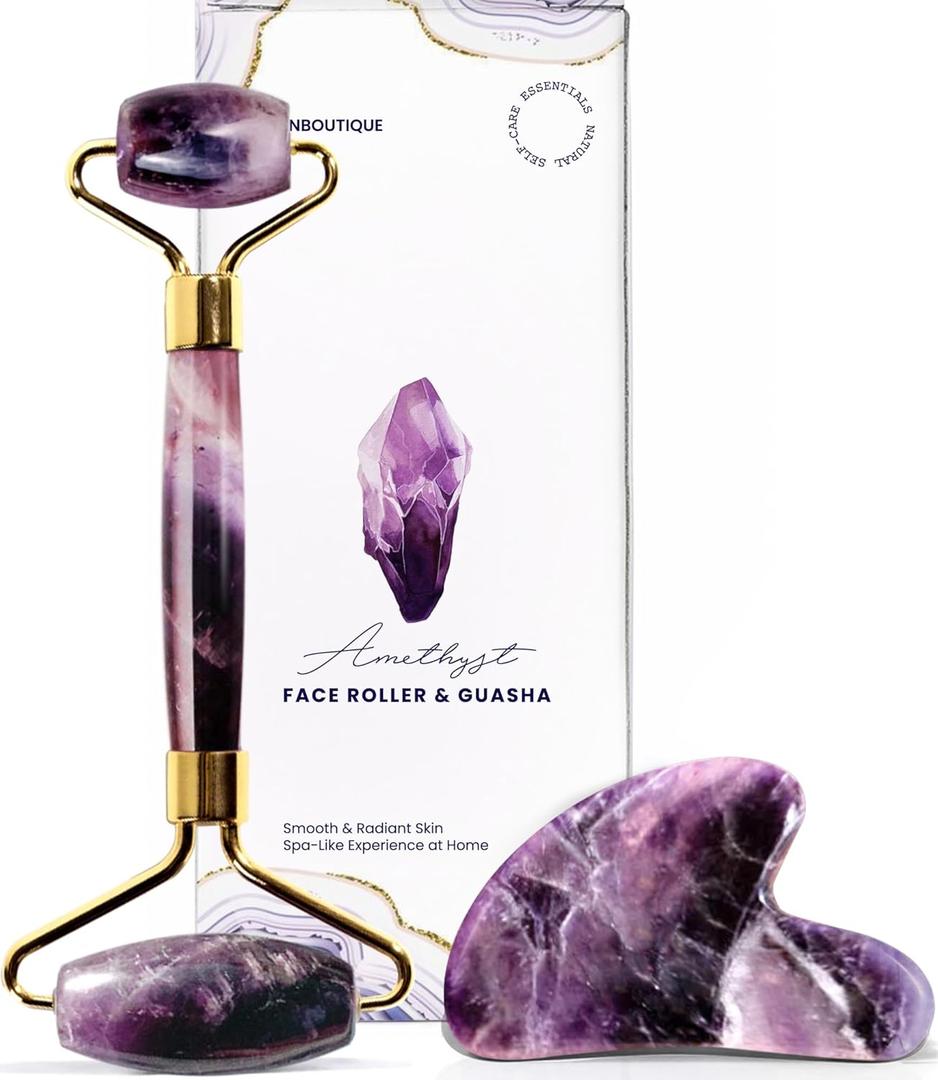 ROSELYNBOUTIQUE Gua Sha Facial Tools & Face Roller Original Face Massager for Puffiness Wrinkless Skin Care Routine - Self Care Gift for Men Women (Amethyst)