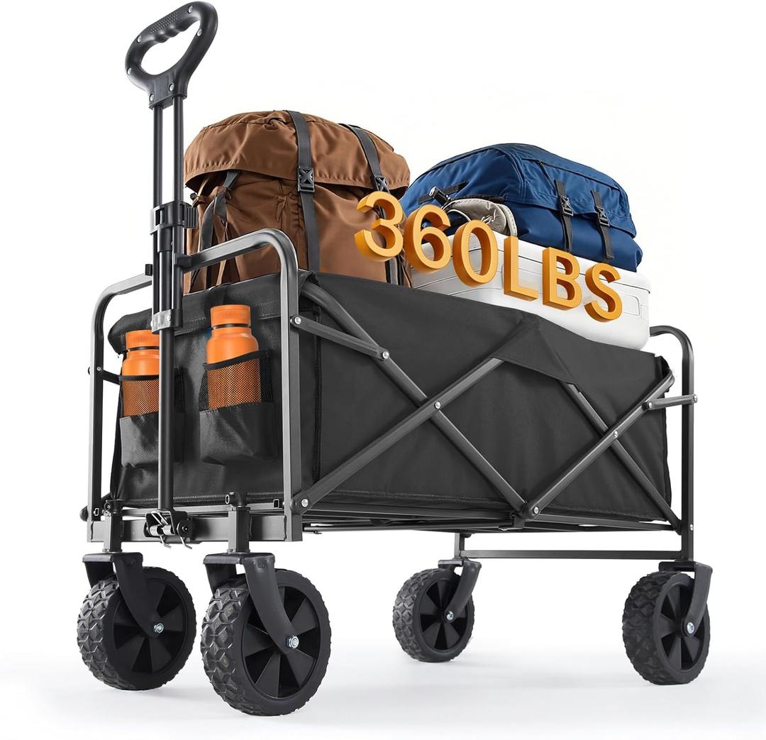 Sweetcrispy Foldable Wagon Cart, Collapsible Large Capacity Garden Beach Cart with All-Terrain Wheels, Heavy Duty Utility Grocery Wagon with Drink Holders for Shopping Sports Camping (120L, Black New)