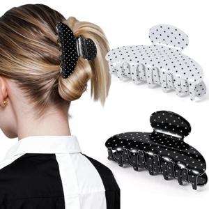 2 Pack Medium Hair Clips for Women, Strong Hold Recycled Plastic Claw Clips for Thick Hair Polka Dot | Great for Updo Half Up Hairstyle | Ideal Gifts for Women - Black and White Holiday Gift