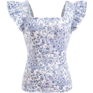 Women's Boho Floral Print Ruffle Top Square Neck Cap Sleeve Vacation T Shirts, Medium