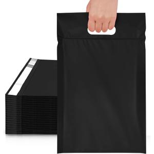 JinRuiKJ Poly Mailers with Handle 12x15.5 Inch 50 Pcs, Self Sealing Shipping Bags for Clothing, Easy to Carry Packaging Bags for Small Business - Pure Black
