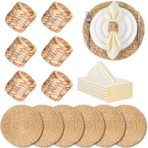 Gejoy 6 Sets Round Woven Placemats Woven Napkin Rings with Dinner Napkins Cloth, Water Hyacinth Placemats Heat Resistant Charger Plates Boho Wooden Modern Rings for Plates Wedding Dining Table