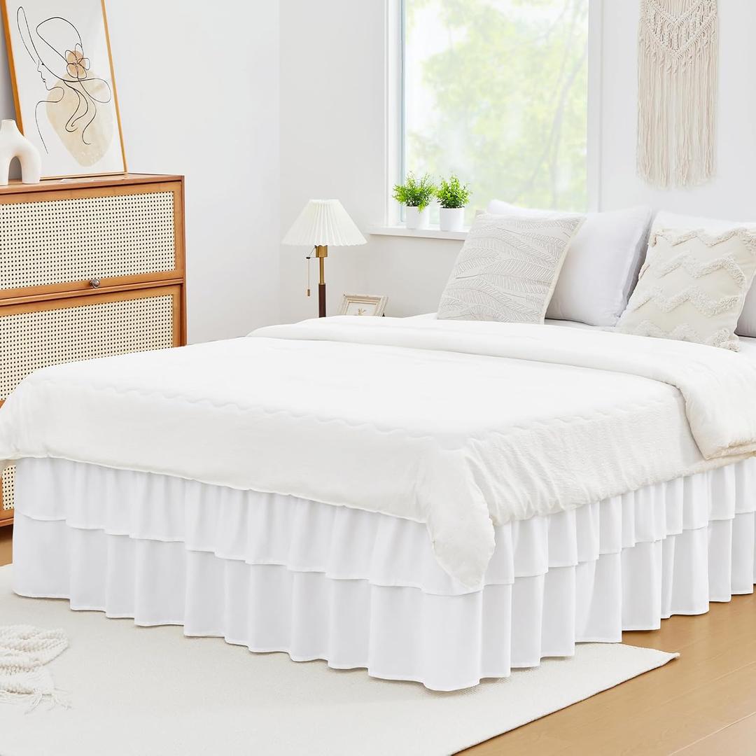 Vocander 2 Layer Bedskirt,White Queen Size Bed Skirt 14 Inch Drop Easy to Put On,Elastic Wrap Around Dust Ruffle for Bed Frame & Mattress,Luxury Bedskirt for Adjustable Bed Microfiber Fabric
