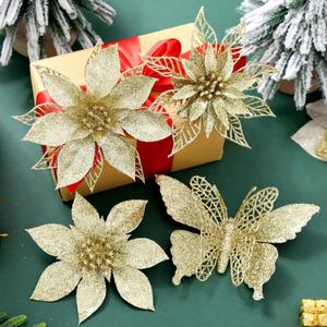 24PC 5.5" Golden Artificial Poinsettia Christmas Flowers, Glitter Christmas Decorations for Xmas Tree Wreath Fireplace New Year Home Decor (Golden)