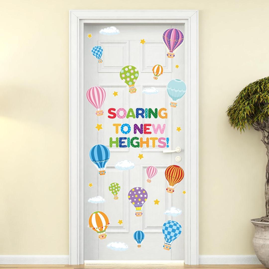 2 x Hot Air Balloon Door Decal - Colorful Inspirational Window Door Clings Stickers Soaring to New Heights Positive Saying Wall Decals Motivational Phrases Sticker for Classroom Nursery Bedroom Decors