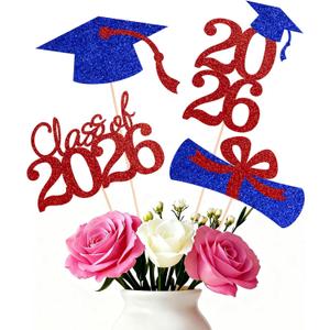 Double-sided 16 PCS Graduation Cake Toppers Red Blue Class of 2026 Centerpieces Picks for Graduation Theme Party Decorations Supply