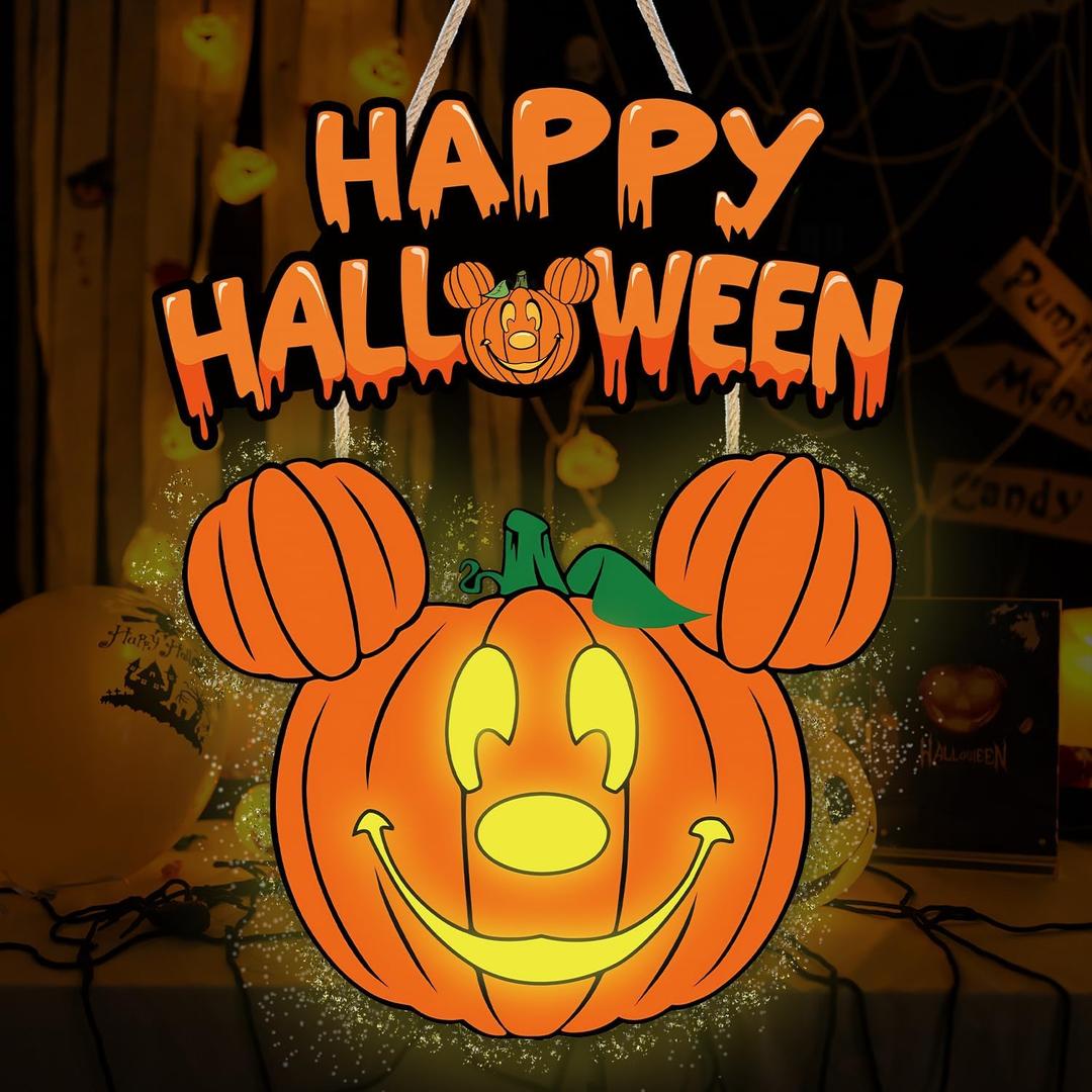 Halloween Pumpkin Decorations, Glow in The Dark Halloween Wall Decorations Wooden Mouse Pumpkin Wreaths for Front Door Indoor Outdoor Sign