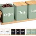 Tioncy Coffee Tea Sugar Container with Tray Set of 3 Airtight Metal Canister with Bamboo Lid Tray for Kitchen Counter Dining Room Farm House Kitchen Style Drink Station Organizer Set (Sage Green)