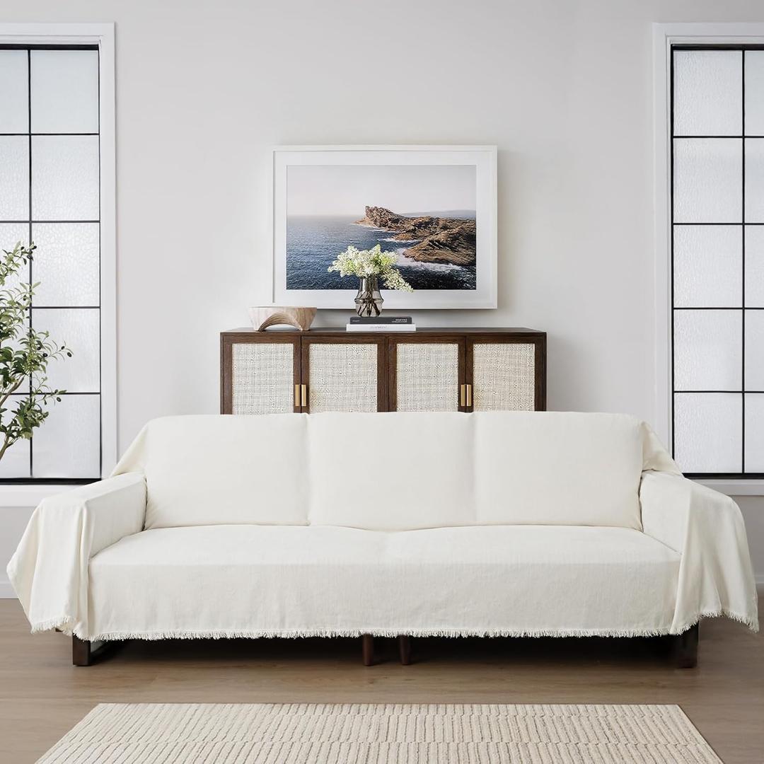 Chenille Couch Cover Washable Beige White Couch Throw Covers for 3 Cushion Couch Comfortable Thick Soft Blanket Sofa Covers L Shape Heavy Duty Furniture Protector for Kids, Pets, Ivory 91"x 150"