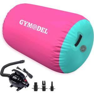 Air Roller Gymnastics Barrel Inflatable Tumbling Roller Air Mat, Air Barrel Gymnastics Tumble Track Mat with Pump for Backhandspring/Training Cheerleading/Yoga/Home and Outdoor Use (32inch*24inch-have pump, Pink with green)
