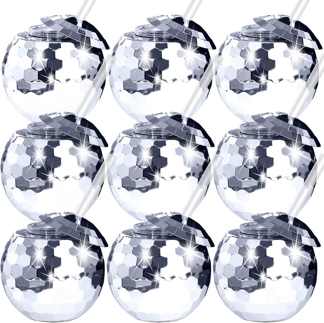 9 Pcs Disco Ball Cups Tumbler Disco Flash Ball Cocktail Cup Silver Spherical Cup with Lid and Straw Disco Wine Glass Drinking Syrup Tea Bottle for Disco Bar Party Supplies