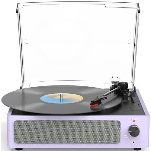 WOCKODER Turntable Vinyl Record Players New Sleek Turn Tables with Speakers Belt-Driven All-in-one LP Phonograph 3-Speed Bluetooth Wireless Playback Headphone AUX RCA Auto Stop Pale Light Purple