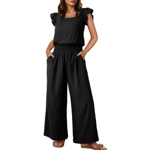Dokotoo Womens Overalls Black Jumpsuits for Women Casual Loose Fit Solid Color Wide Leg One Piece Short Sleeve Jumpsuit Smocked Waisted Long Pant Rompers with Pockets Medium