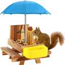 MIXXIDEA Wooden Squirrel Feeder Table with Water Bowl, Squirrel Picnic Table for Outside with Umbrella, Brown Squirrel Feeder with Corn Cob Holder Cute Chipmunk Feeder (Blue)
