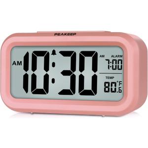 Peakeep Night Light Digital Alarm Clock with Indoor Temperature, Battery Operated Desk Small Clock (Light Salmon Pink)