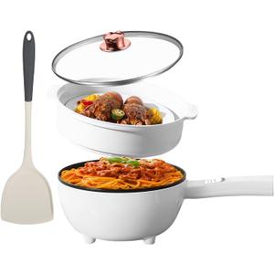 Hot Pot Electric with Steamer, 3L Non-Stick Frying Pan, Rapid Noodles Cooker Electric Pot for Steak, Egg, Fried Rice, Ramen, Soup with 2 Heating Power, Spatula