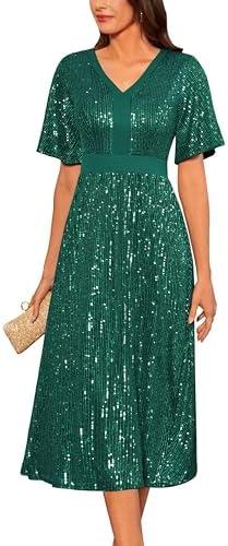 GRACE KARIN Women's Sequin V Neck Ruffle Sleeve Empire Waist Sparkly Glitter A Line Cocktail Formal Dresses, L
