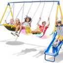 Sportspower Starlight Metal Swing Set with 2 LED Light-Up Swings, Saucer Swing & 5ft Slide  Outdoor Kids Playset with Sturdy Frame and Safety Features