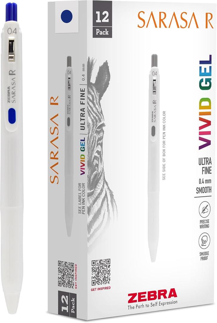 Zebra Pen, SARASA R Gel Pens, Blue Ink, 0.4mm Fine Point, Vivid Ink to Create Deep, Saturated Color and Smooth Gel Lines, Quick-Drying for Smear-Free Writing, Made in Japan, 12-Pack (47720)