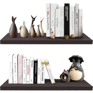 SAUMONIERES 24 Inch Floating Wall Shelves for Bedroom Bathroom Wall Mounted Solid Wood Shelf Storage Set of 2, Espresso