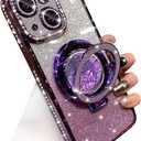 Glitter Kickstand Case for iPhone 15 Plus, Luxury Bling Sparkly Diamond Rhinestone with Camera Protector Liquid Flowing Ring Stand TPU Bumper Women Girls Case for iPhone 15 Plus 6.7" (Purple)