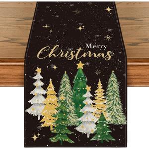Artoid Mode Xmas Trees Black Merry Christmas Table Runner, Seasonal Winter Kitchen Dining Table Decoration for Home Party Decor 13x72 Inch